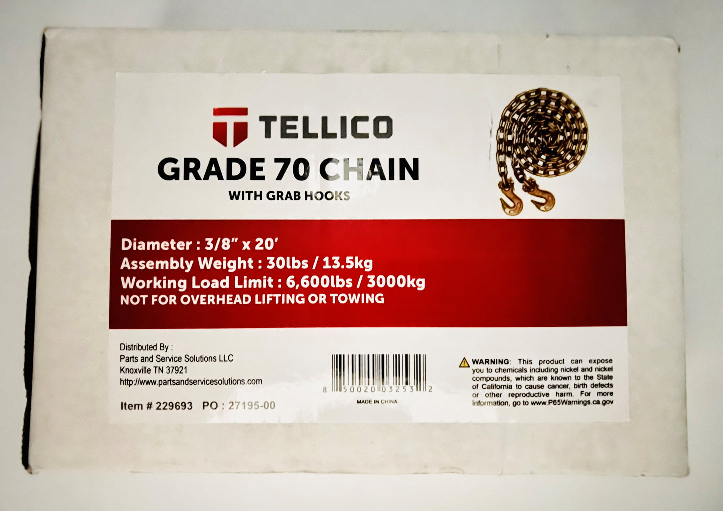 3/8" x 20' G70 Chain With Grab Hooks - TELLICO Branded - Retail Ready