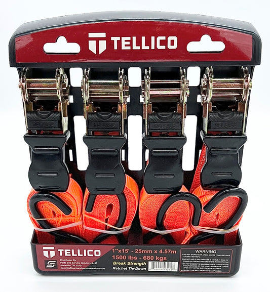 1" X 15' Ratchet Strap 4 Pack - TELLICO Branded - Retail Ready