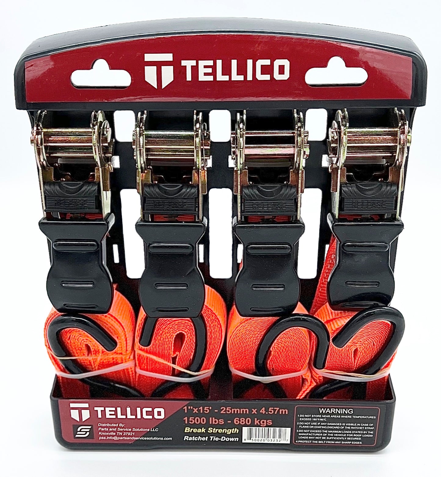 1" X 15' Ratchet Strap 4 Pack - TELLICO Branded - Retail Ready