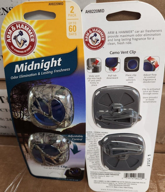 Arm & Hammer Air Freshener Camo Vent Clip, Midnight, Case of 4 Packs, Each pack has 2 Clips