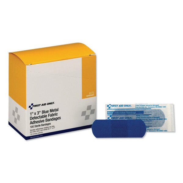 Adhesive Blue Metal Detectable Bandages, 1 x 3, Plastic, 100 pack